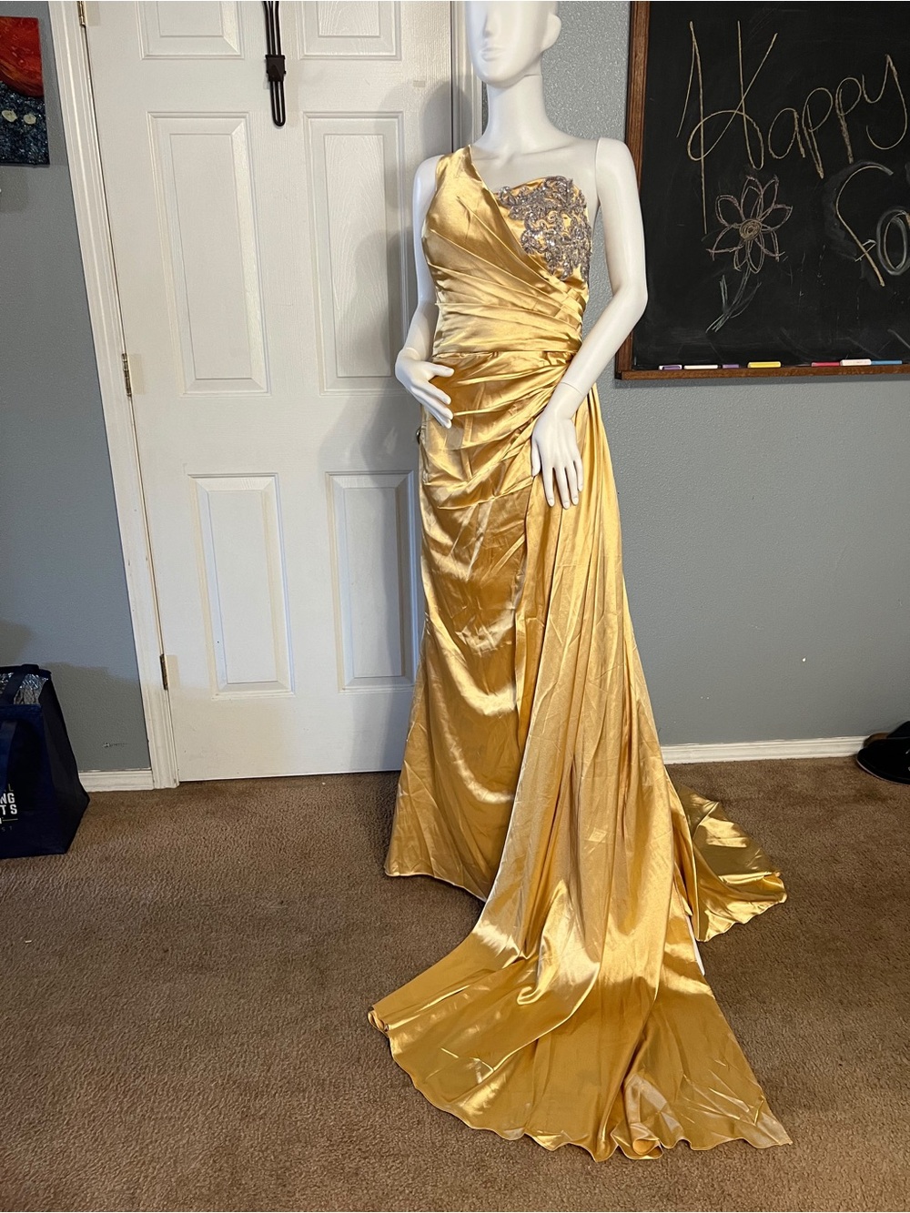 Gold One-Shoulder Evening Gown with Embellished Corset